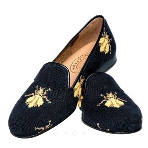 Stubbs & Wooton Classic Bee Black Needlepoint Slipper - Size 7.5